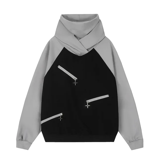 2023 Double Neckline Hoodie Harajuku Men Color Block Patchwork 