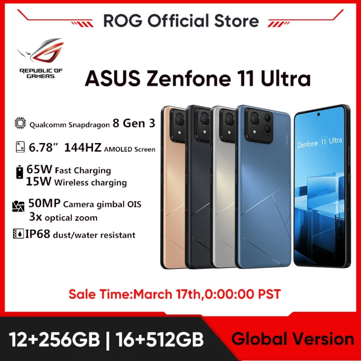 2024 NEW ASUS Zenfone 11 Ultra 5G Smartphone Snapdragon 8 Gen 3 6.78''  144HZ AMOLED Screen 65W Charging NFC Global Version : Gearbest