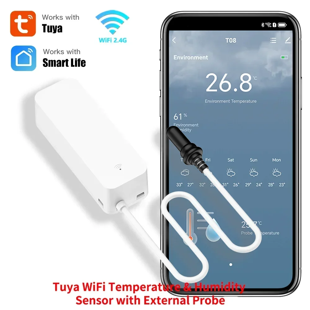 Tuya WiFi 温度湿度センサー 外部プローブ付き スマートホーム湿度計 アプリモニタリング 植物 水槽 ワイナリー用 : Gearbest